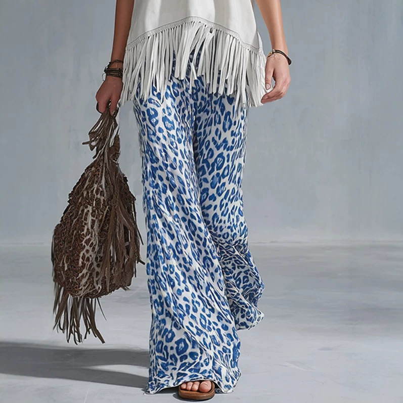 Elegant White Fringe Top and Blue Leopard Chiffon Flare Pants Set