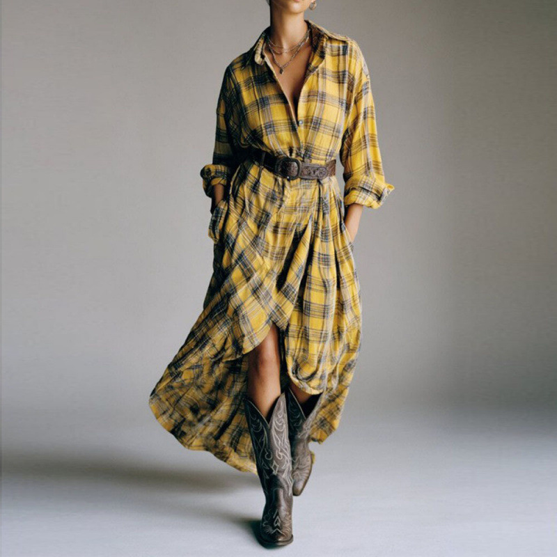 Retro Plaid Long Sleeve Shirt Dress Loose Casual