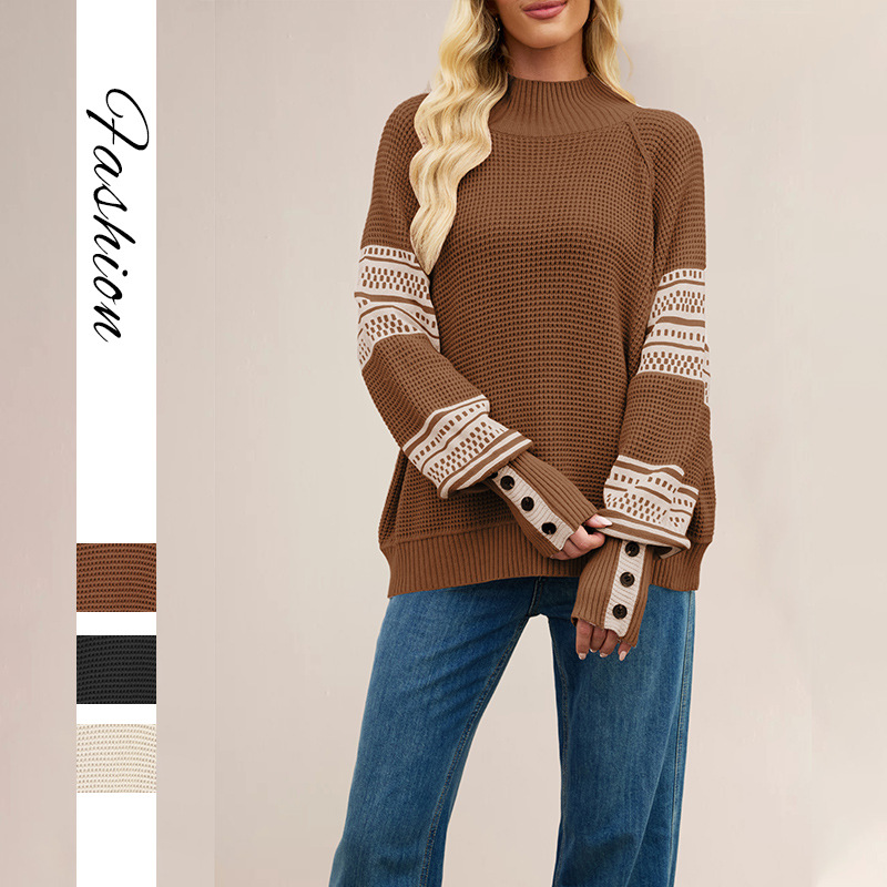 Color-Block Mock Neck Knit Sweater