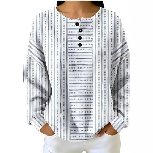Women's Striped Print Button Casual Sweatshirt
