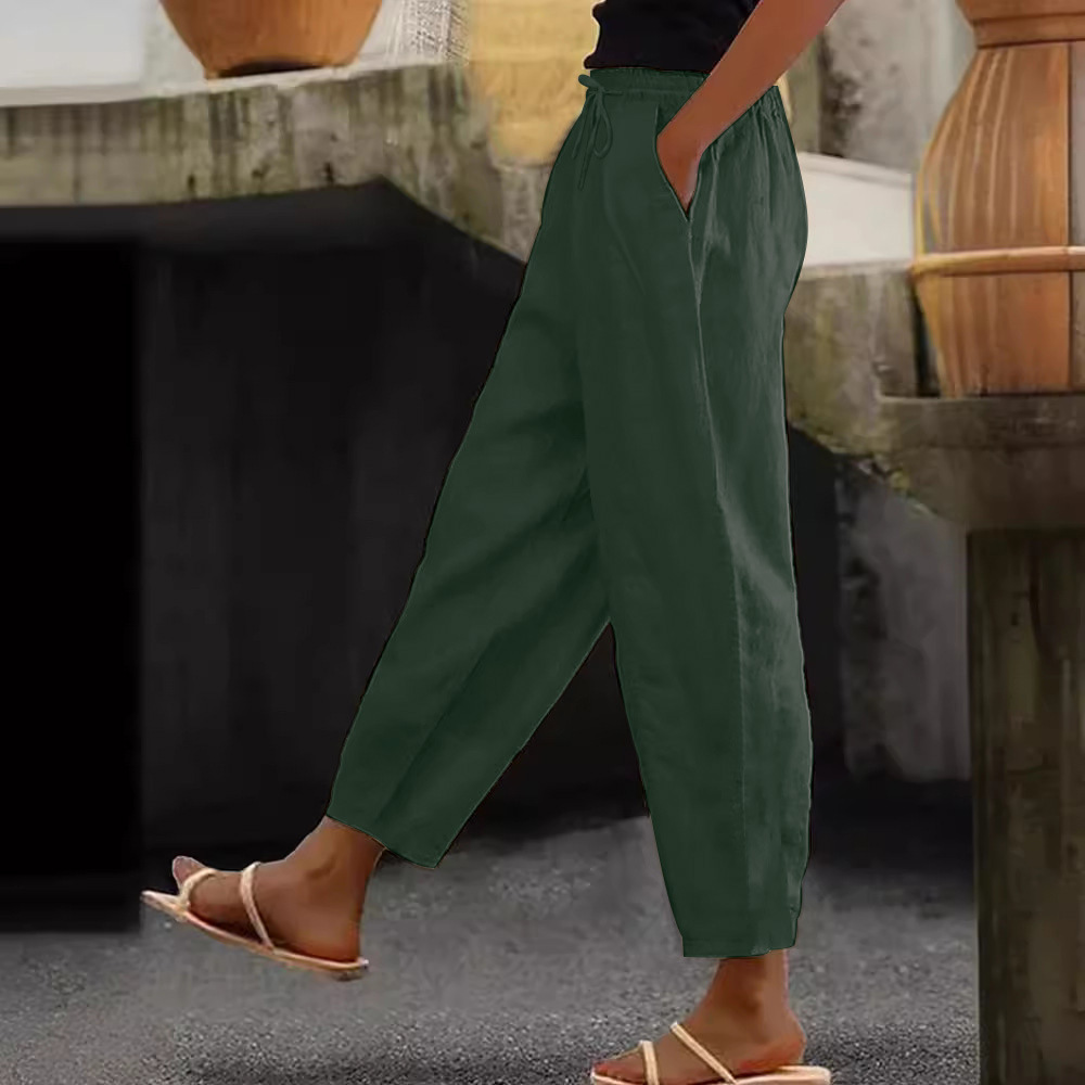 Women's Cotton-Linen Blend Solid Color Casual Pants with Side Pockets and Drawstring