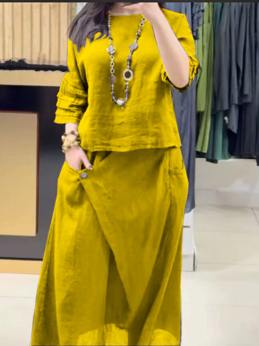 Women's Cotton-Linen Two-Piece Set Casual Solid Color Loose Long Pants