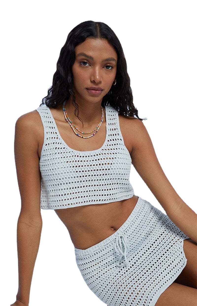 Women's Sleeveless Crop Top and Slit Mini Skirt Two-Piece Knit Set