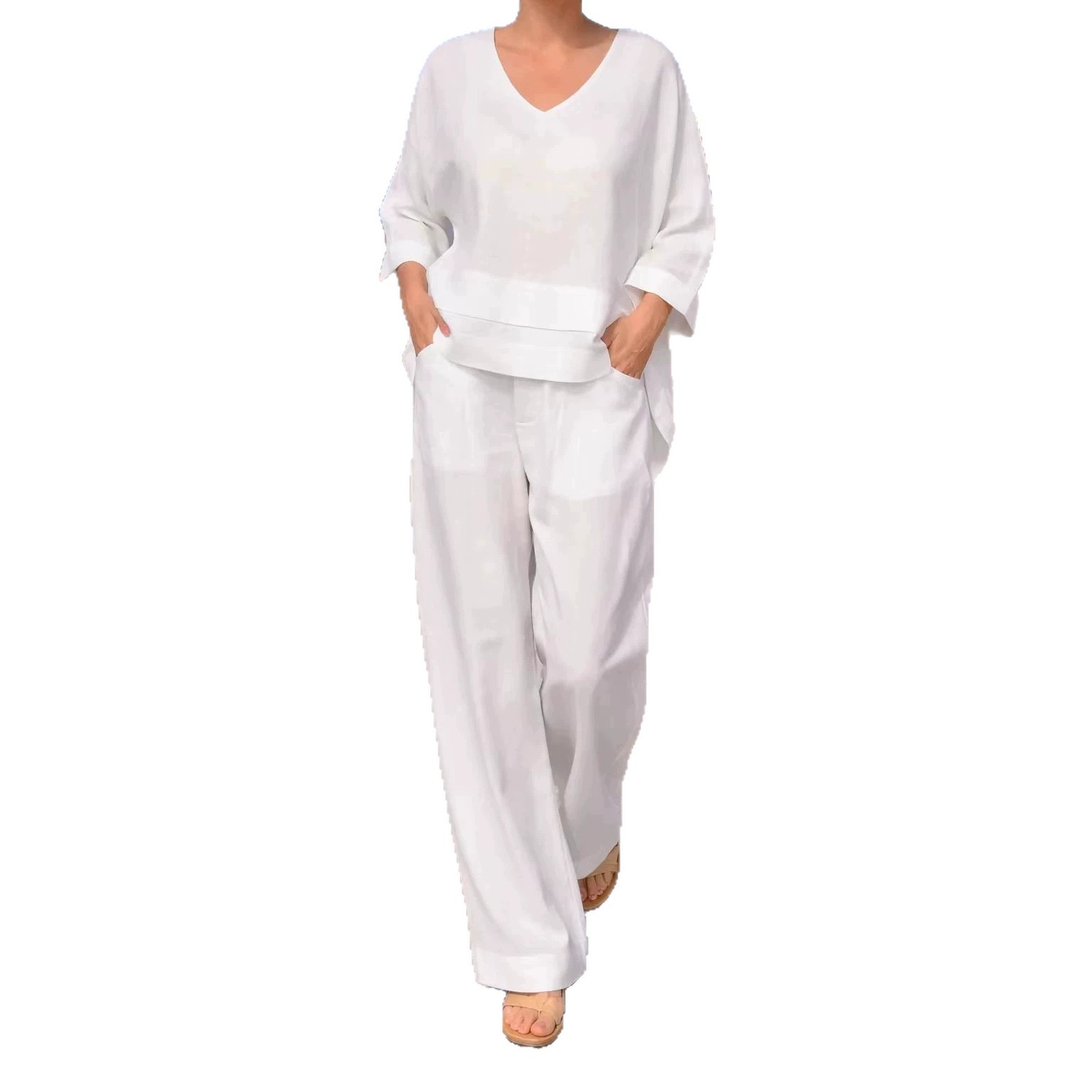 Solid Color Crewneck Long Sleeve Top and Straight Leg Pocket Pants Two-Piece Set