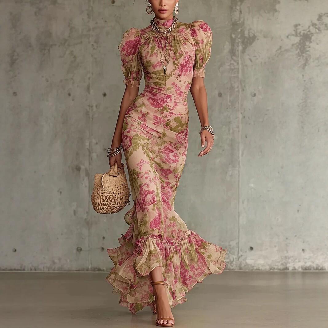 Floral Print High Neck Puff Sleeve Mermaid Maxi Dress