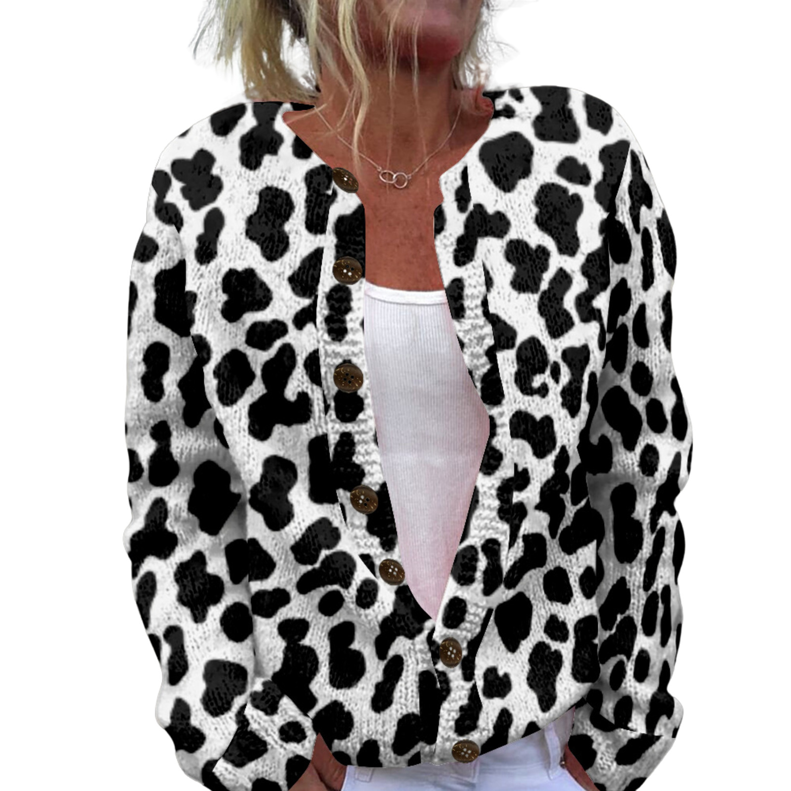 Women's Heart Print Button Cardigan Sweater