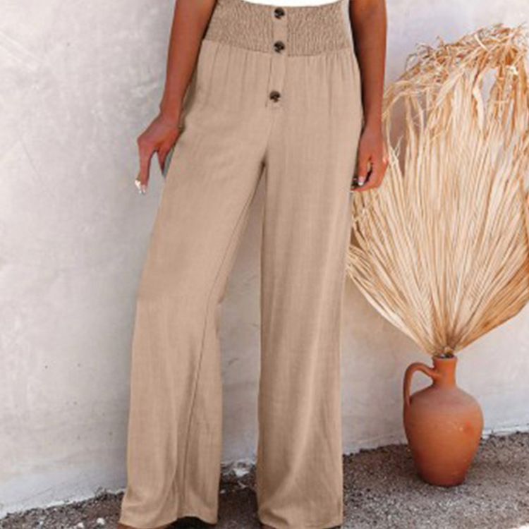 Women's Casual Wide-Leg Cotton-Linen Pants Solid Color High Waist Loose Fit