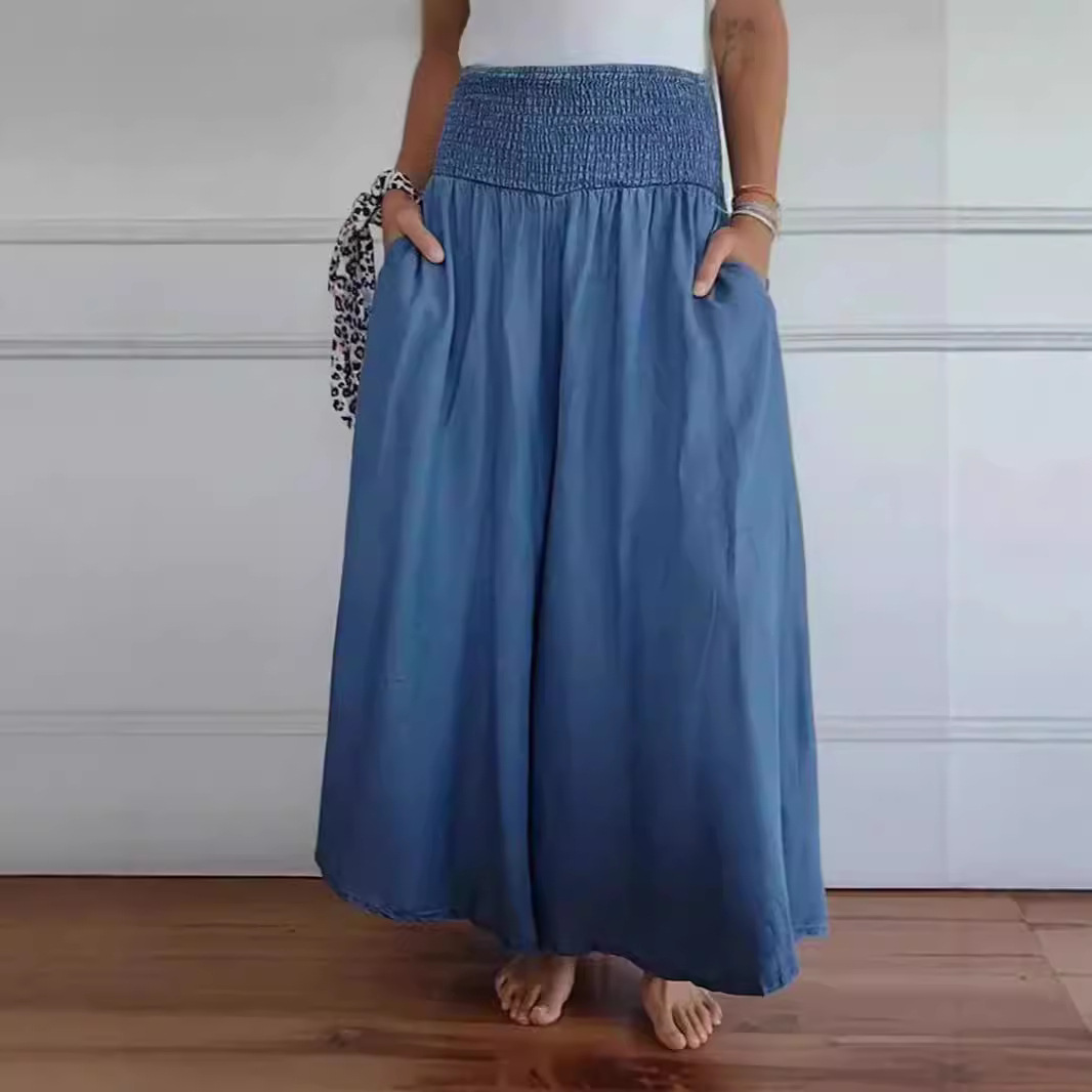 Women's Smocked Wide-Leg Pants with Elastic Waist