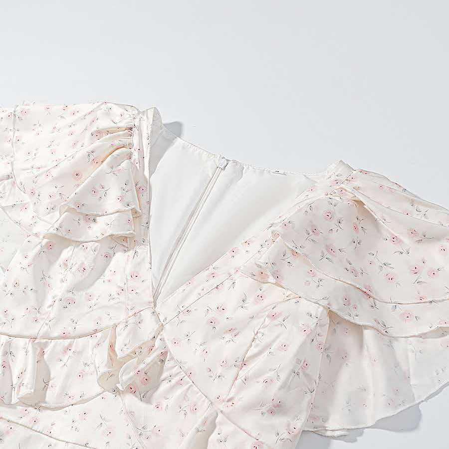 Floral Ruffle V-Neck Slim Fit Midi Dress