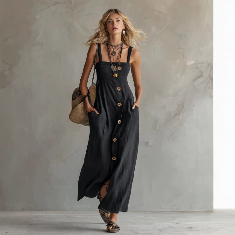 Elegant Black Square-Neck Sleeveless Maxi Dress with Slit
