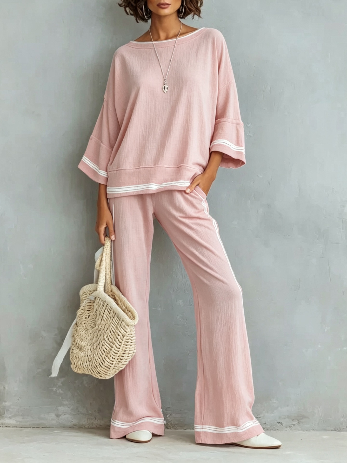 Women's Color-Block Striped Two-Piece Set with Three-Quarter Sleeve Top and Wide-Leg Pants