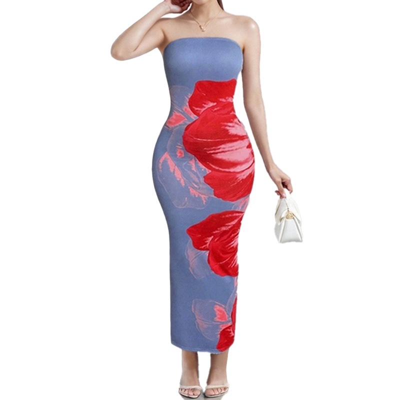 Sexy Printed Tube Top Split Bodycon Dress