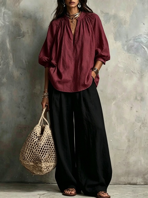 Women's Solid Color Stand Collar Lantern Sleeve Top & Wide-Leg Pants Two-Piece Set