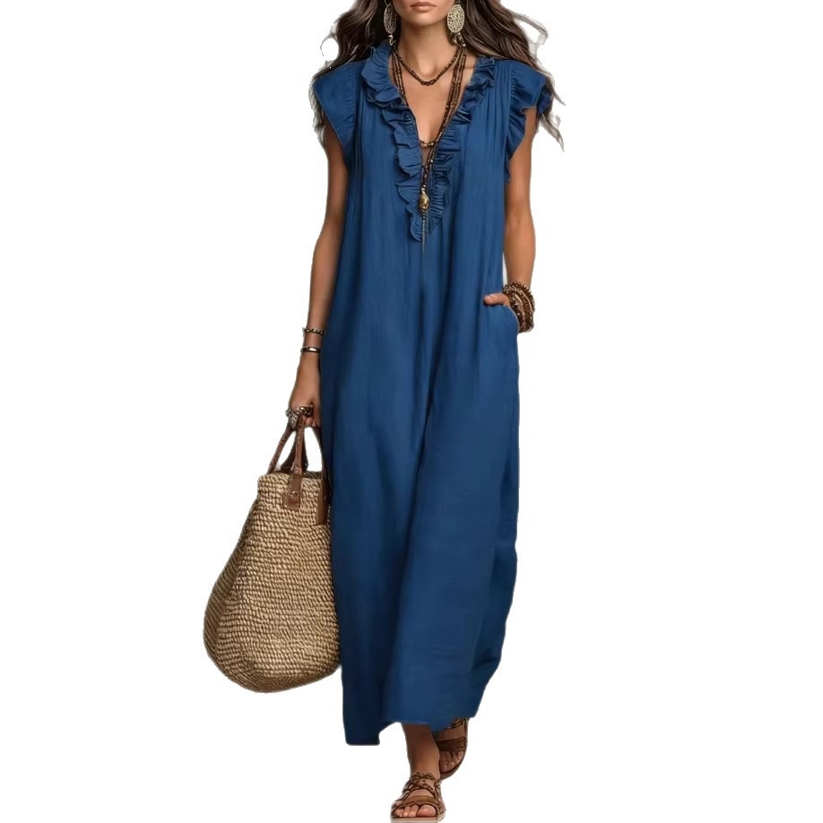 Bohemian Flutter Sleeve Maxi Dress Cotton Linen A-Line High Waist
