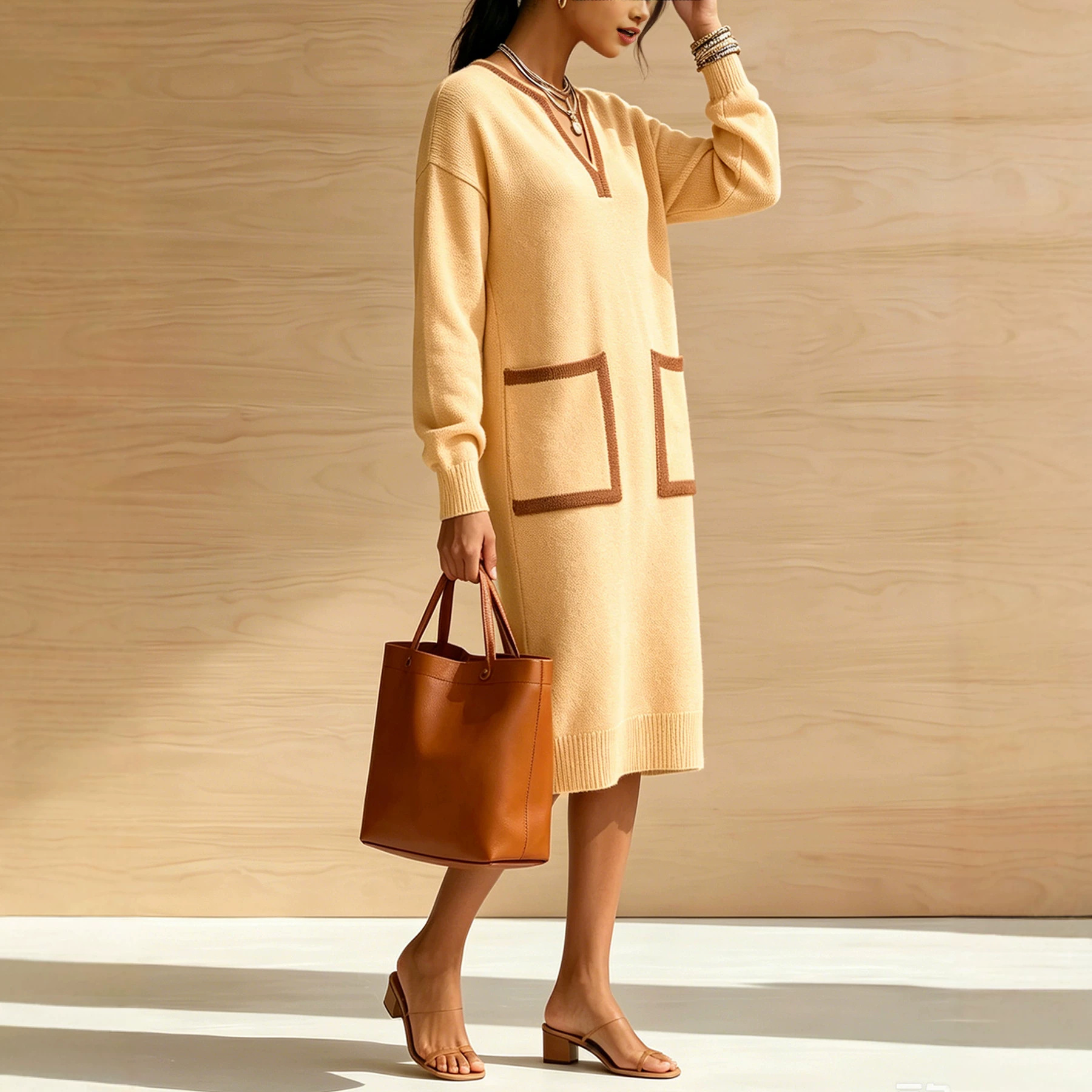 Women's V-Neck Knit Sweater Dress Long Sleeve Elegant Commuter