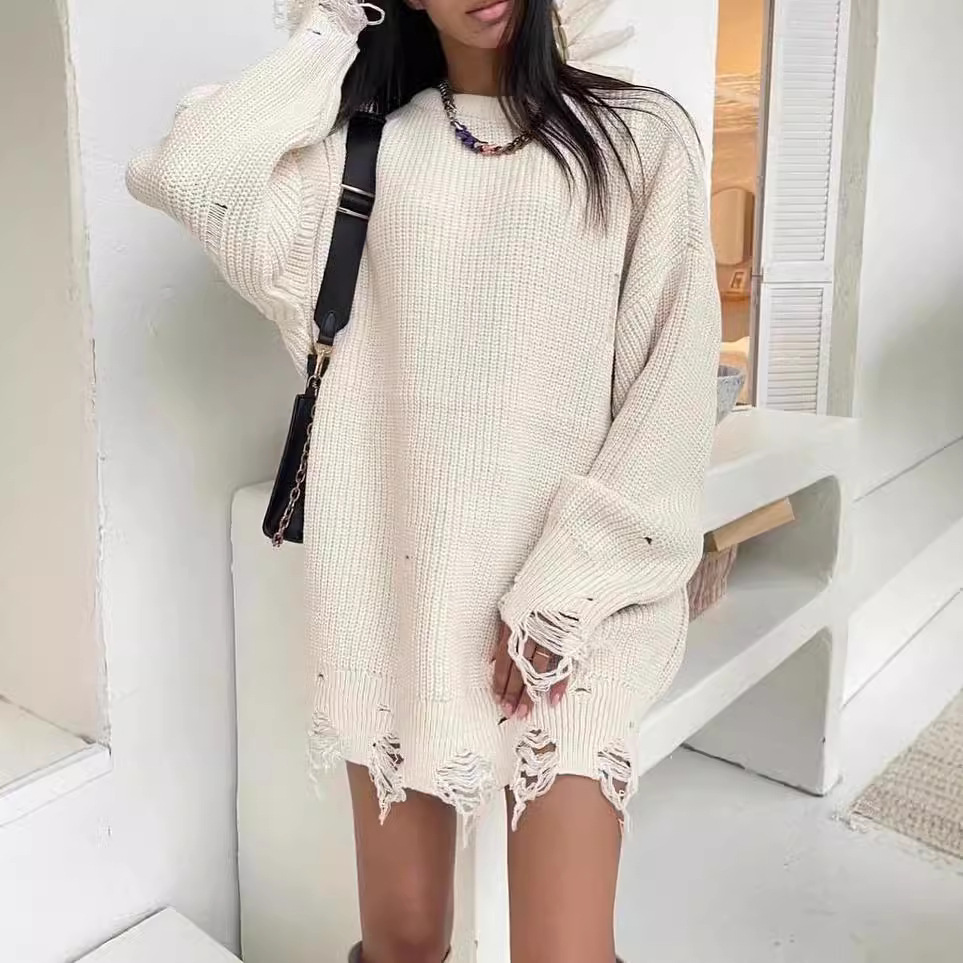 Distressed Knit Crewneck Loose Midi Long-Sleeve Sweater