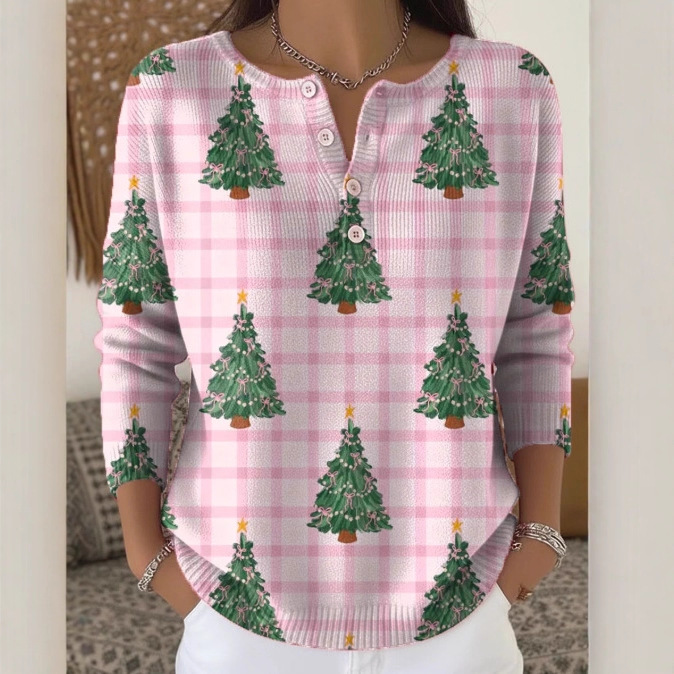 Women's Christmas Tree Snowman Scarf Print Button Sweatshirt