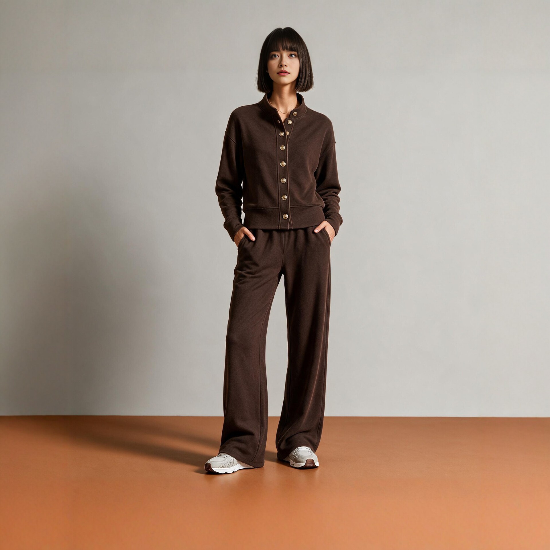 Women's Solid Stand-Collar Cardigan Hoodie & Wide-Leg Pants Set