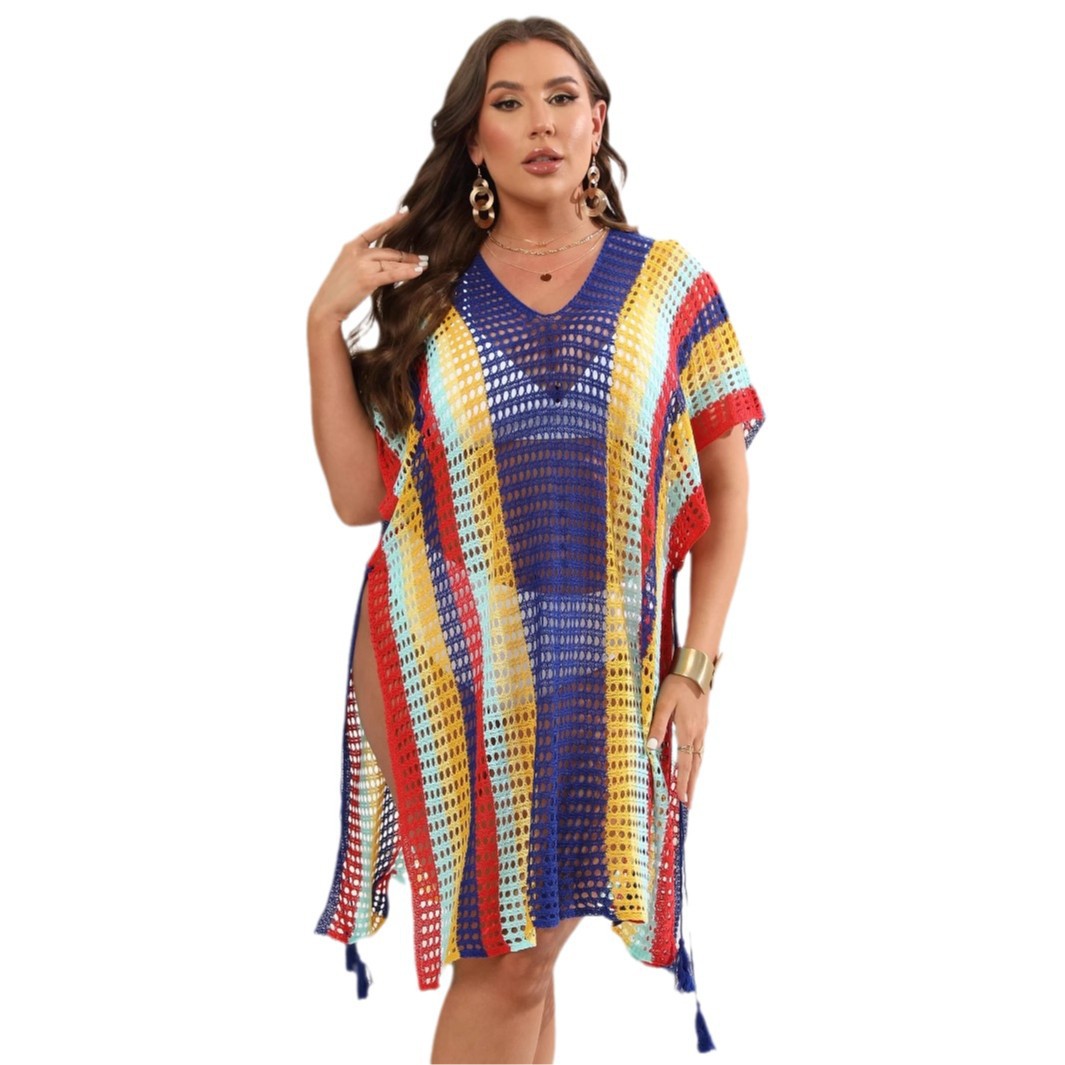 Women's Plus Size Colorblock Cutout Beach Bikini Cover-Up Tie Dress