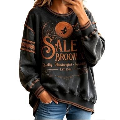 Halloween Letter Witch Print Crewneck Long-Sleeve Pullover Sweatshirt