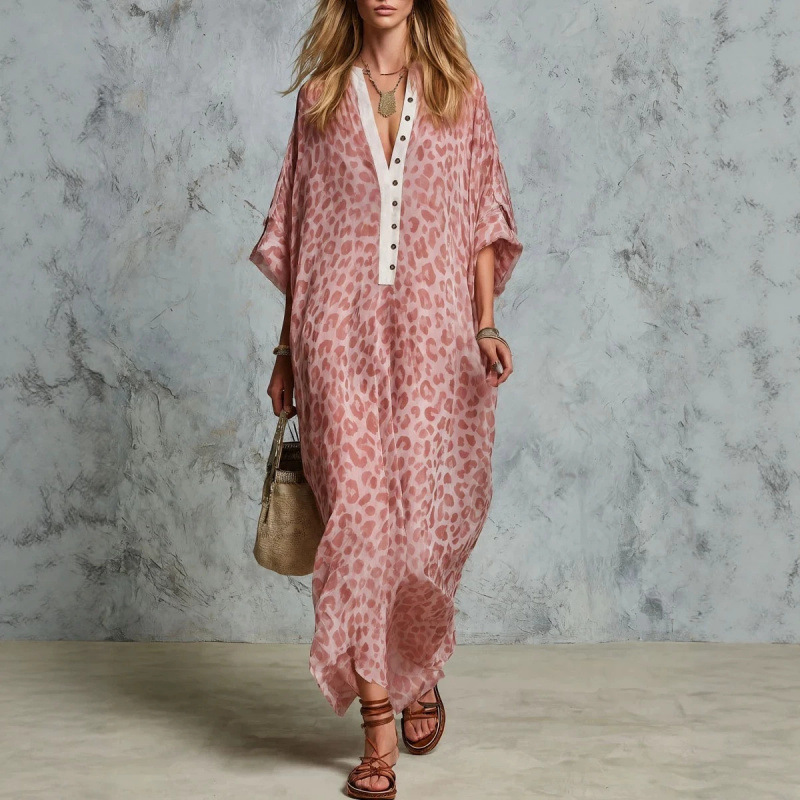 Women's Casual Loose V-Neck Long Leopard Print Dress