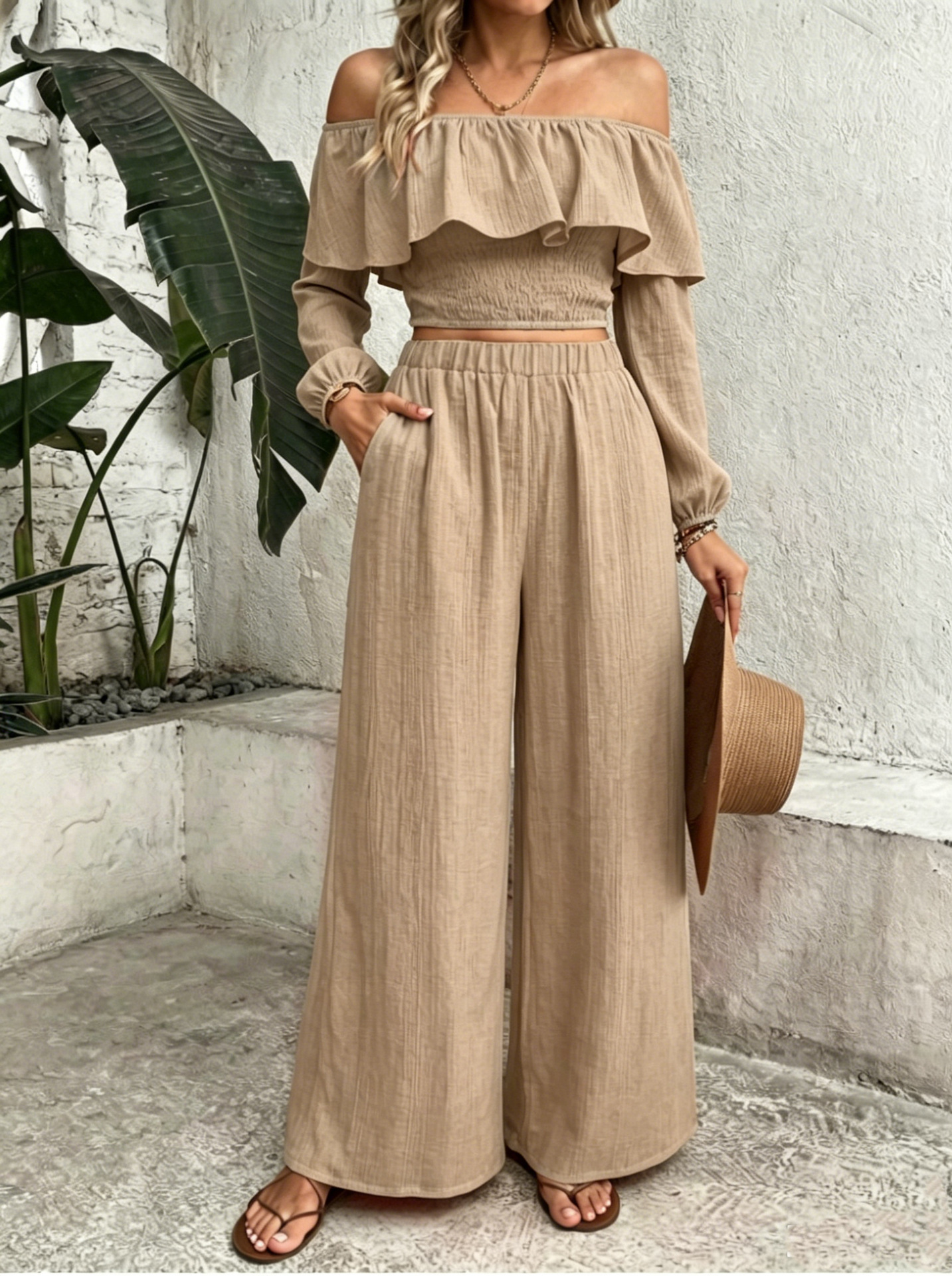 Women's Boho Off-Shoulder Ruffle Top & High-Waist Wide-Leg Pants Set