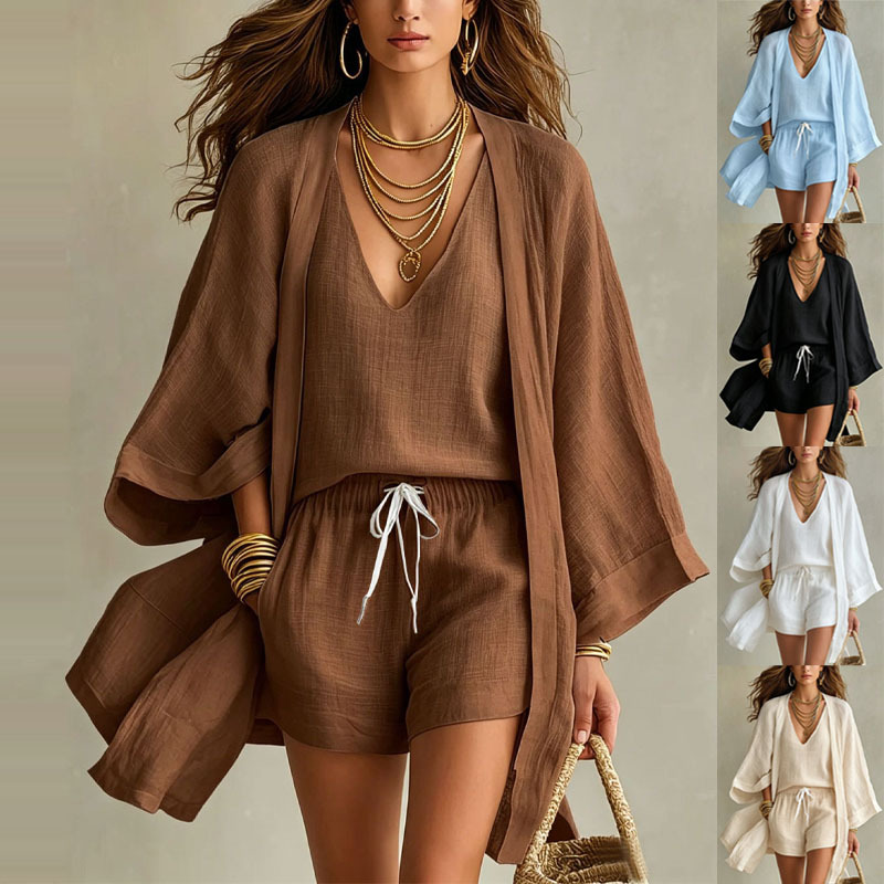 Women's Summer 3-Piece Cardigan Tank Top and Shorts Set