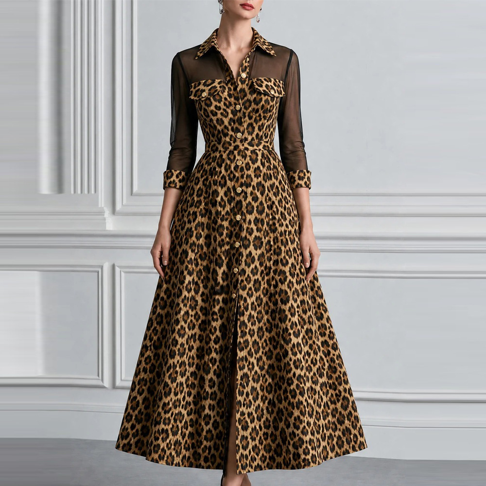 Leopard Print A-Line Long Sleeve Maxi Dress with Collar
