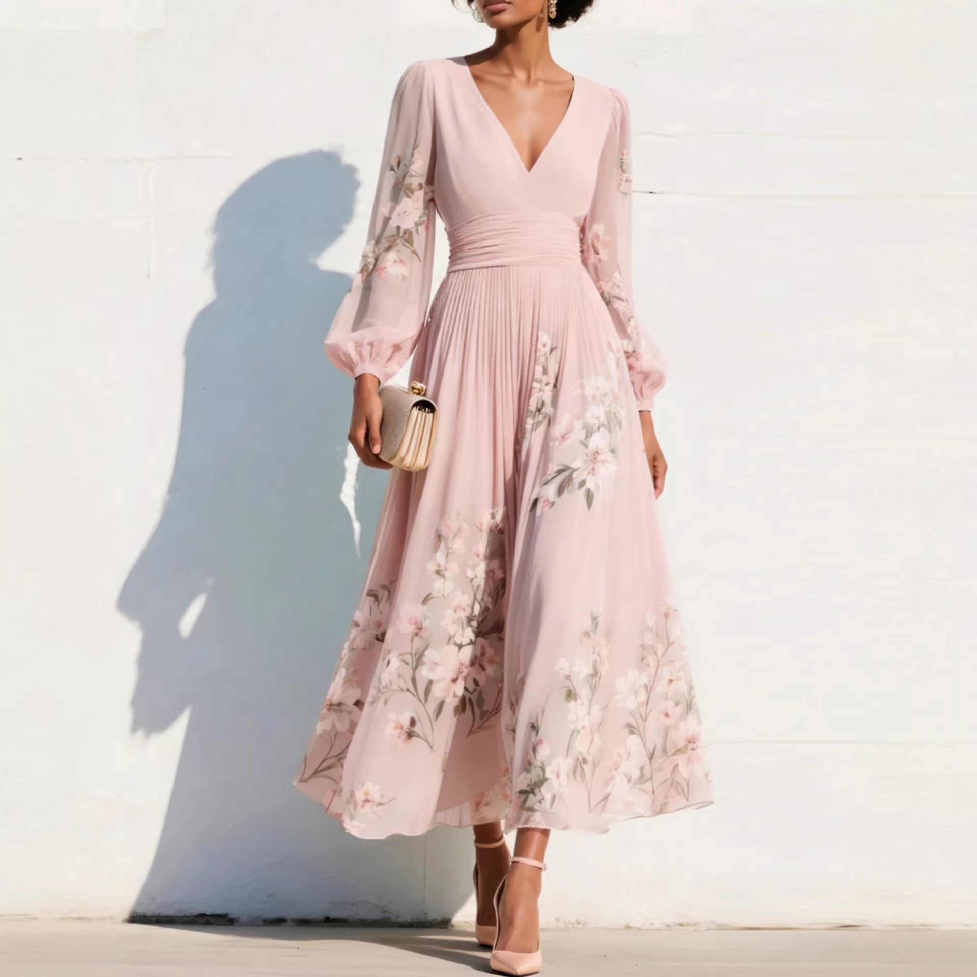 Floral Print V-Neck Pleated Long Sleeve Maxi Dress