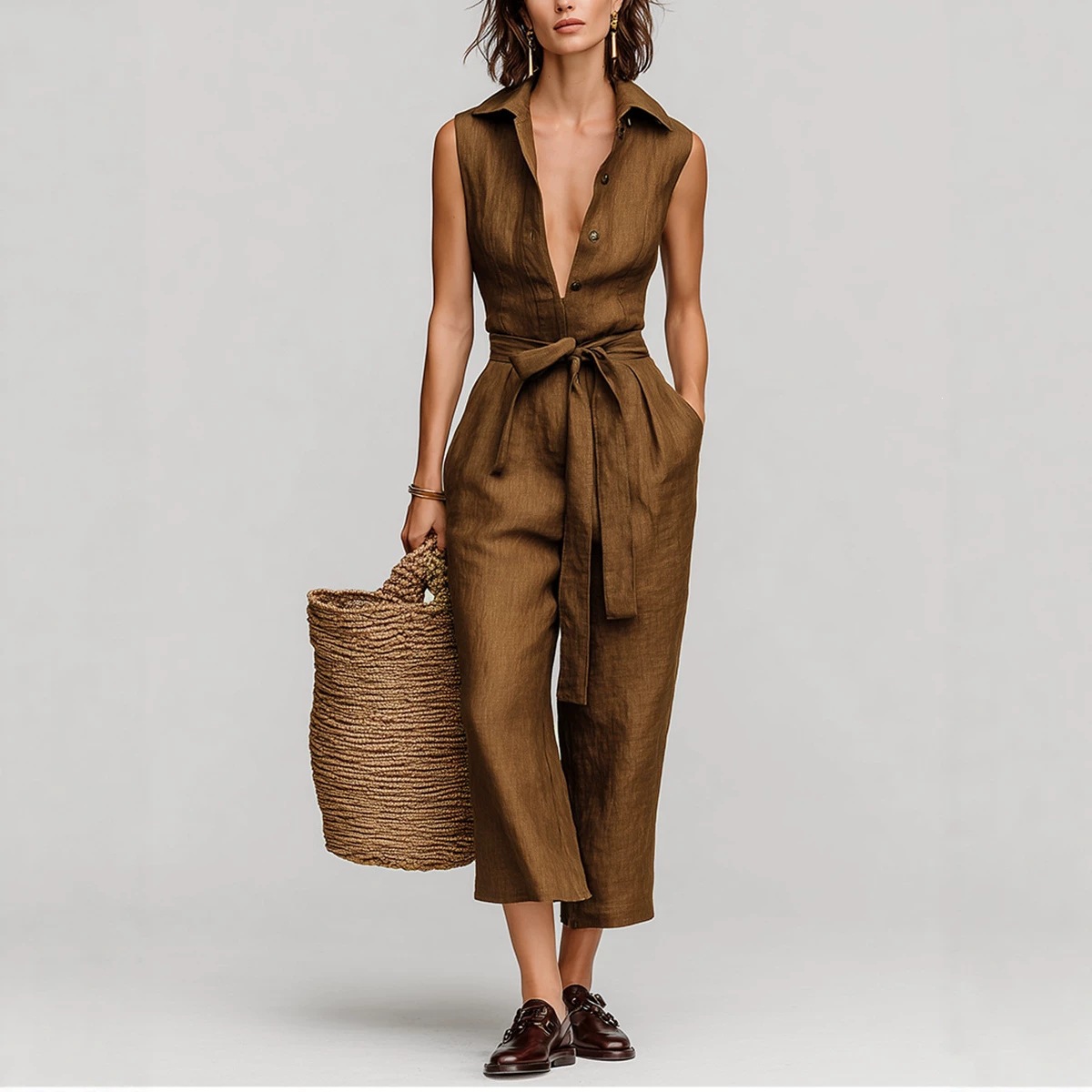 Sleeveless V-Neck Belted Wide-Leg Cropped Jumpsuit