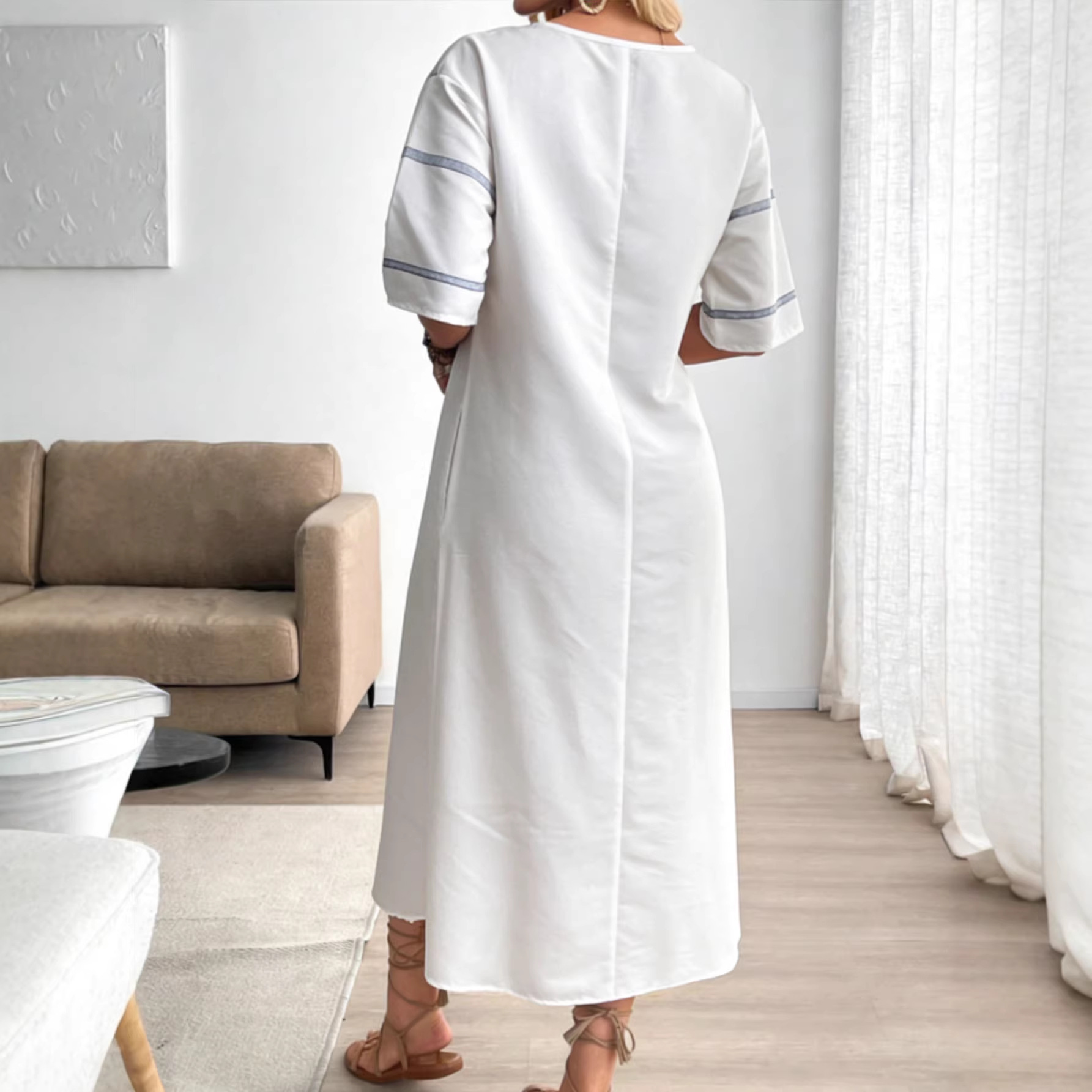Boho A-Line Striped Midi Shirt Dress V-Neck 3/4 Sleeve Loose Fit