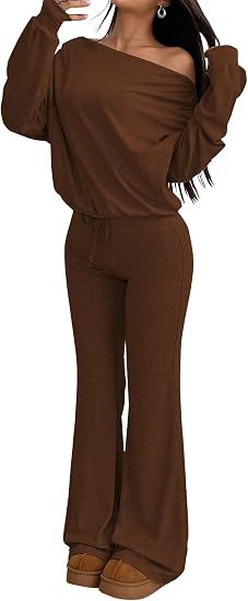 Solid One-Shoulder Long-Sleeve Top & High-Waist Flared Wide-Leg Pants Set