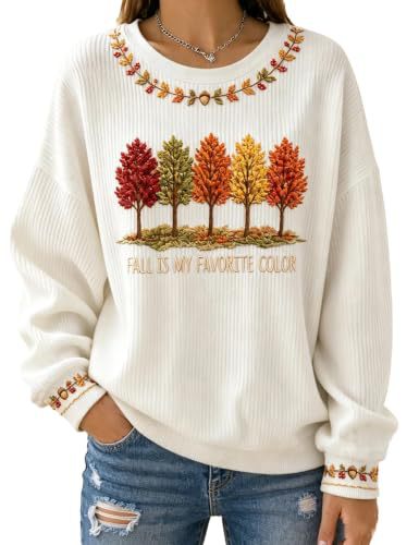 Women's Tree & Maple Leaf Print Crewneck Sweatshirt Casual Pullover