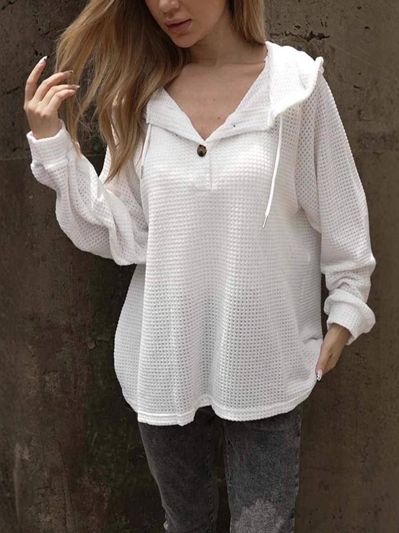 Pineapple Grid Textured Button Drawstring Hooded V-Neck Loose Long-Sleeve Sweatshirt