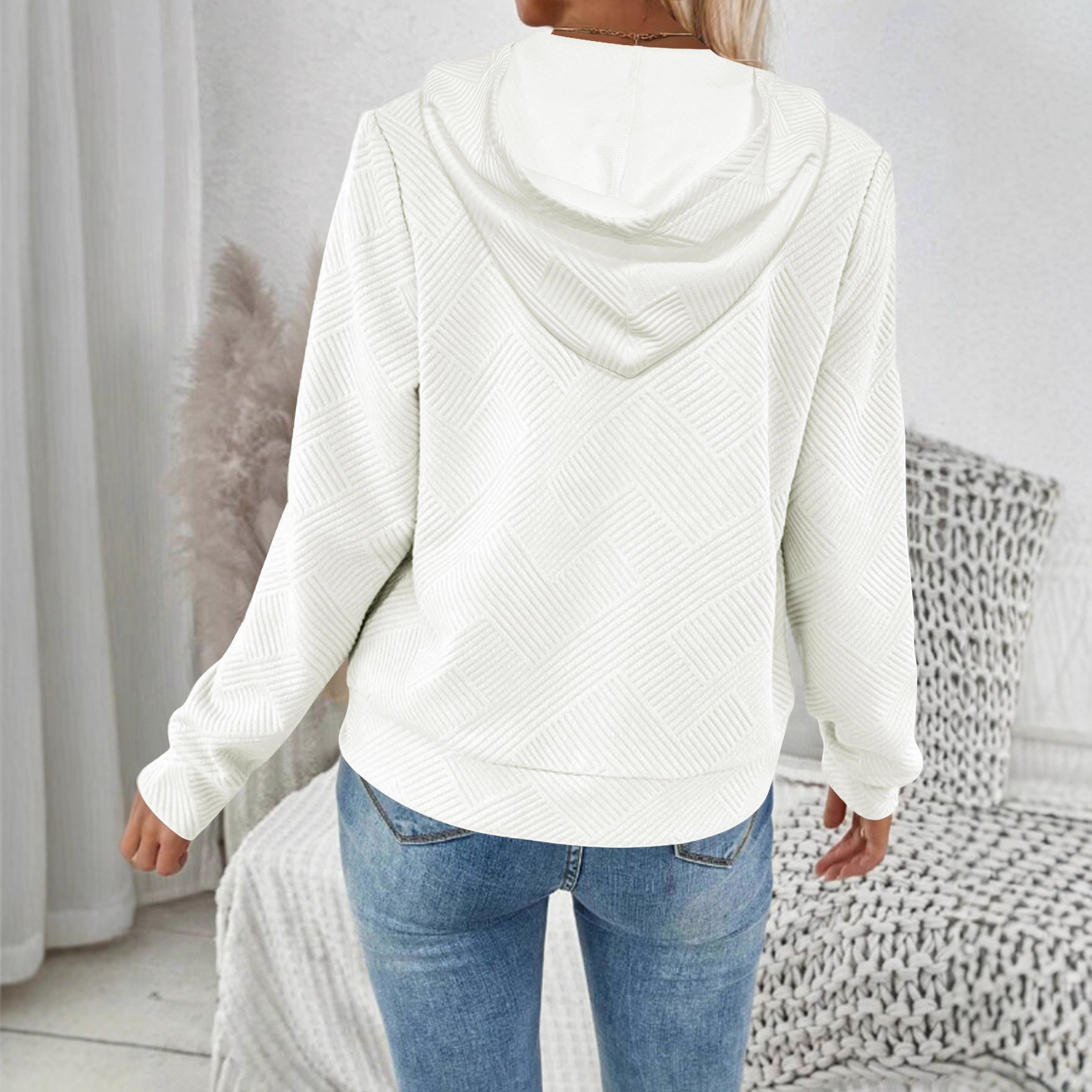 Jacquard Hooded Zip-Up Cardigan Sweatshirt Women's Casual Long Sleeve
