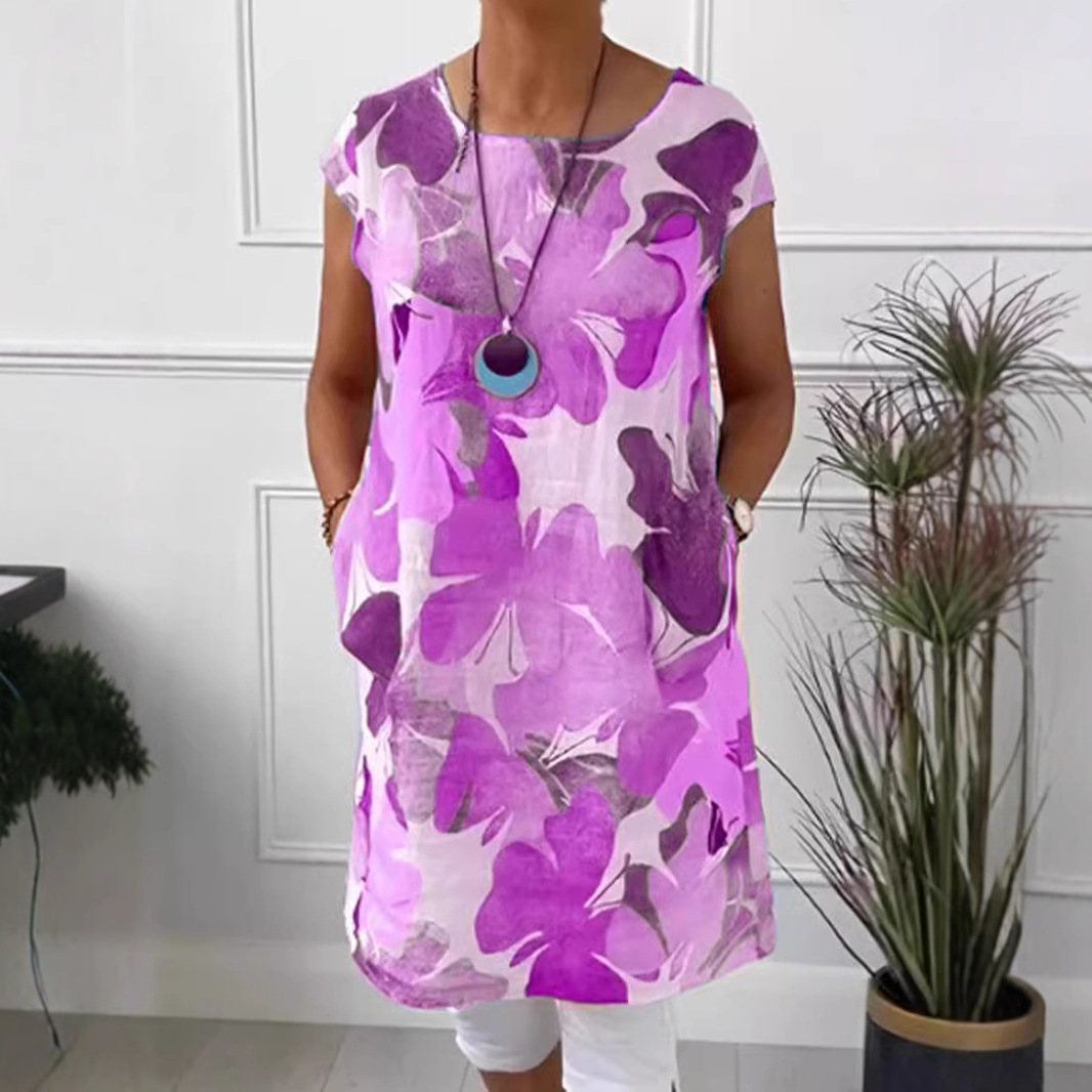 Floral Print Round Neck Loose Dress with Pockets