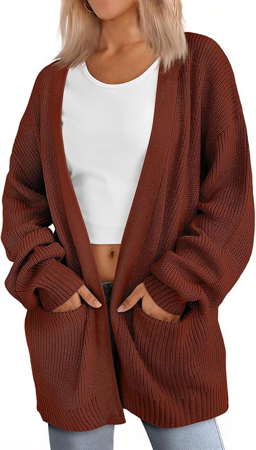 Women's Long Knit Cardigan Loose Cable Knit V-Neck Sweater Coat with Pockets