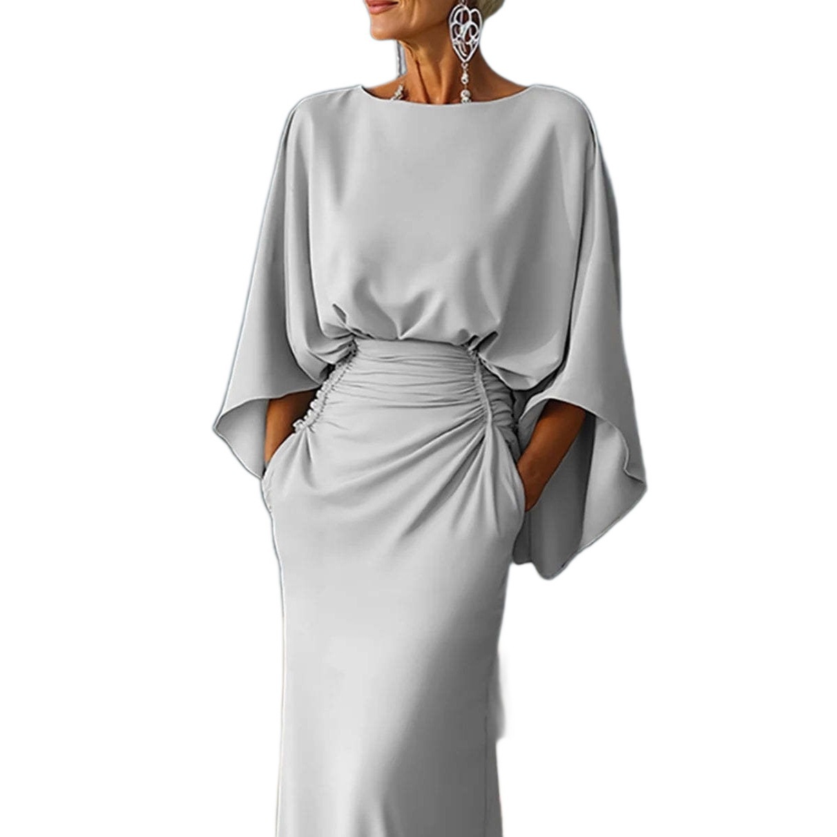 Elegant Open-Back Ruched Long Dress with Pockets