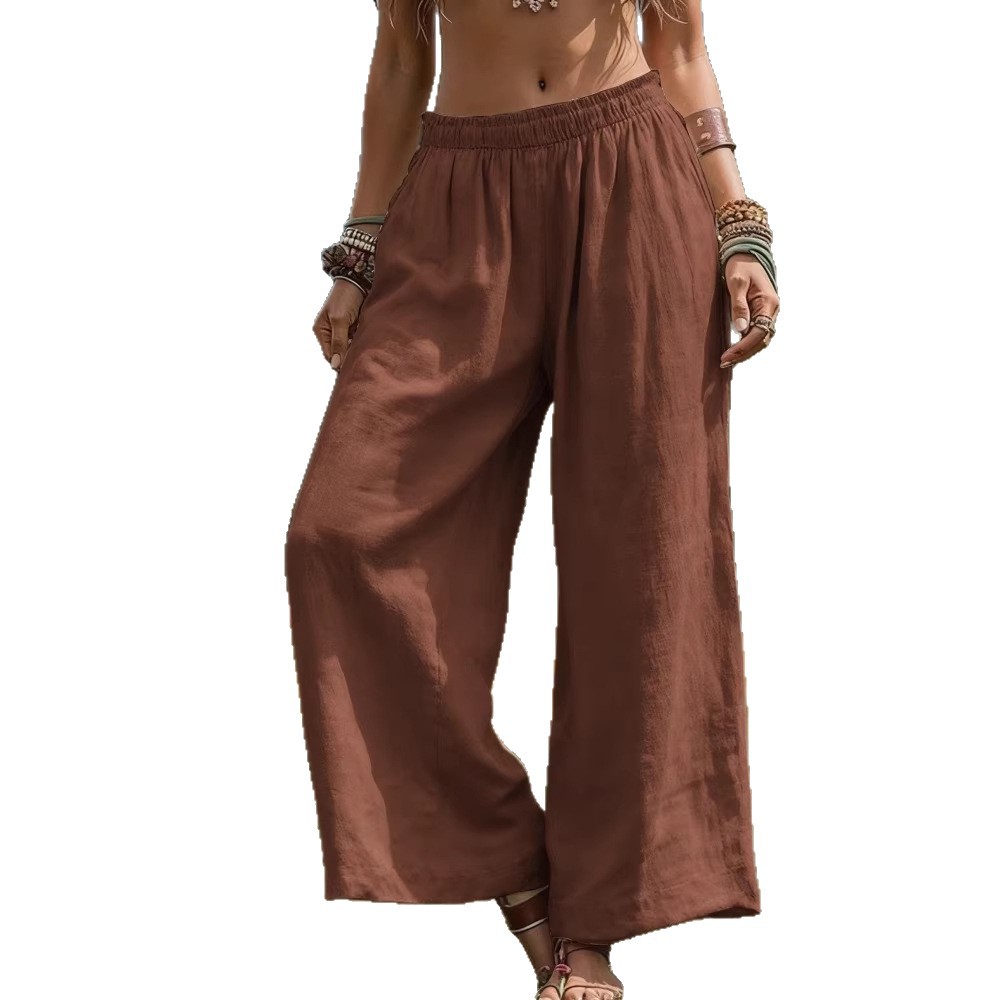 Women's Solid Color Wide-Leg Pants with Side Pockets and Elastic Waist