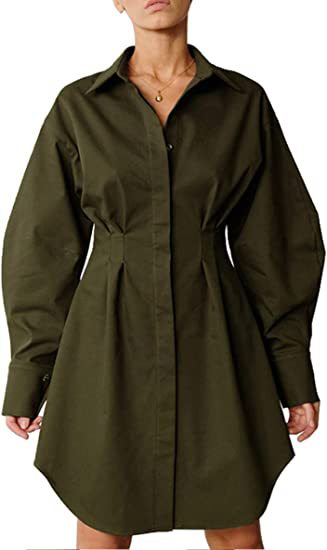 Women's Shirt Dress with Waist Tie, Slimming Long Sleeve, Retro A-Line Mini
