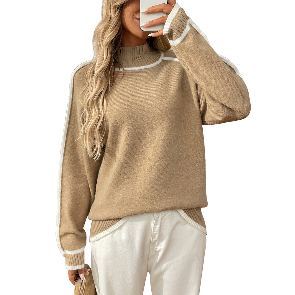 Half-Turtleneck Color-Block Pullover Sweater