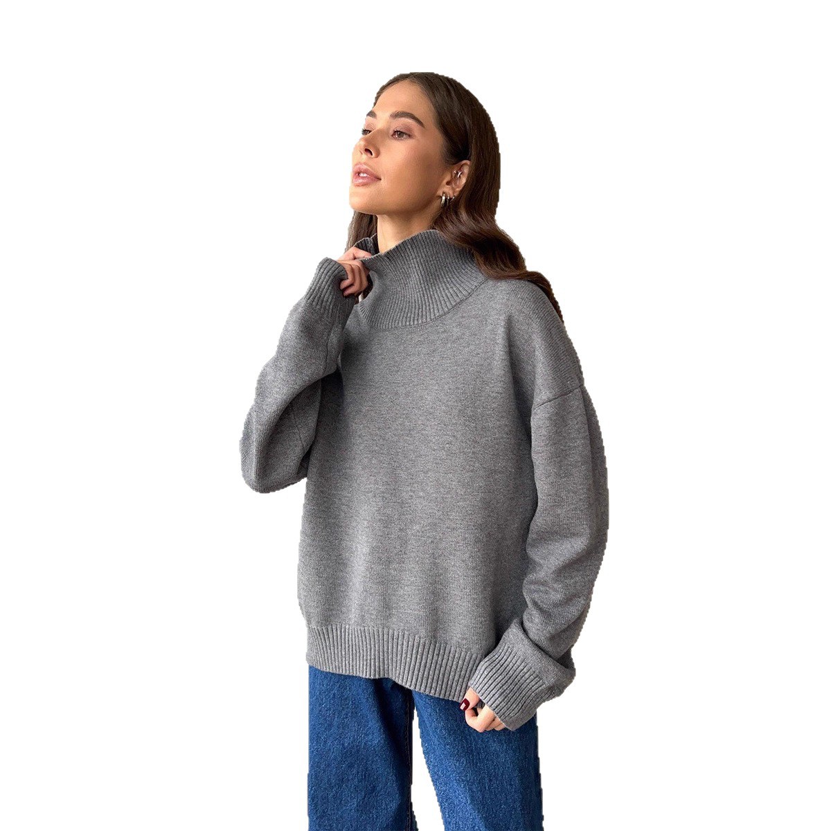 Women's Loose High Neck Solid Color Pullover Knit Sweater