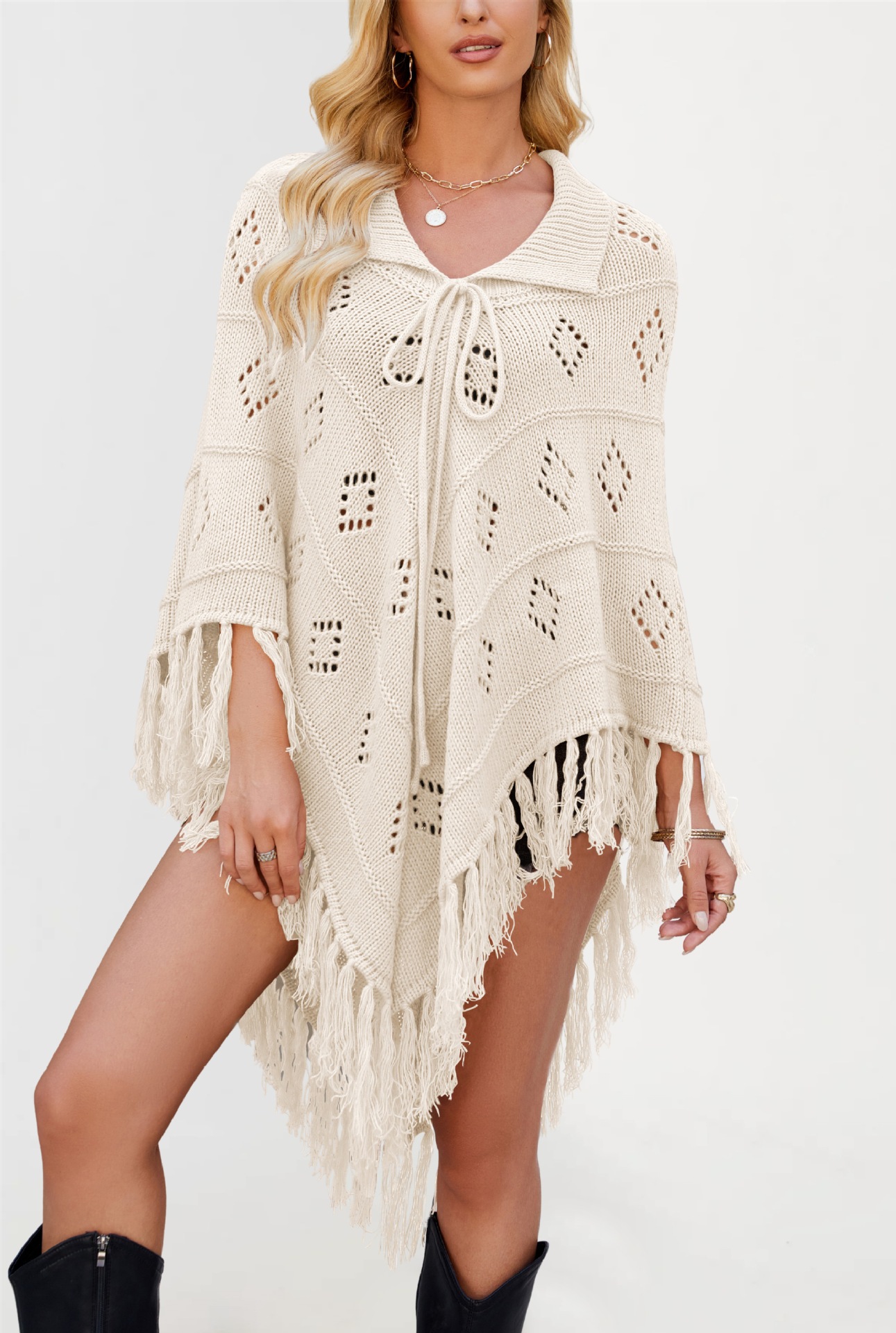 Fringed Knit Cape Sweater with Lapel Collar