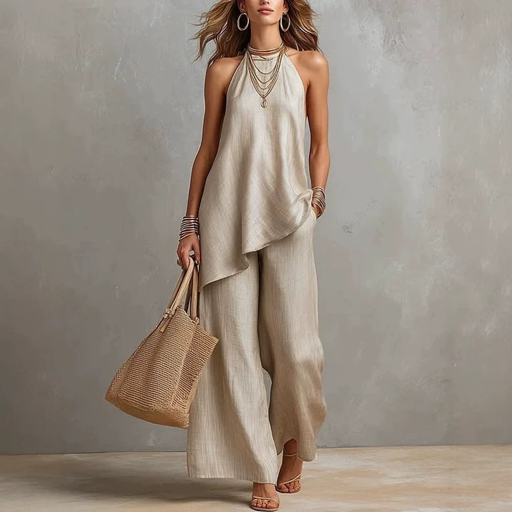 Women's Casual Crewneck Tank Top and Long Pants Solid Color Set