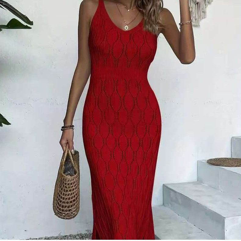 Women's Sleeveless V-Neck Hollow-Out Knit Beach Dress