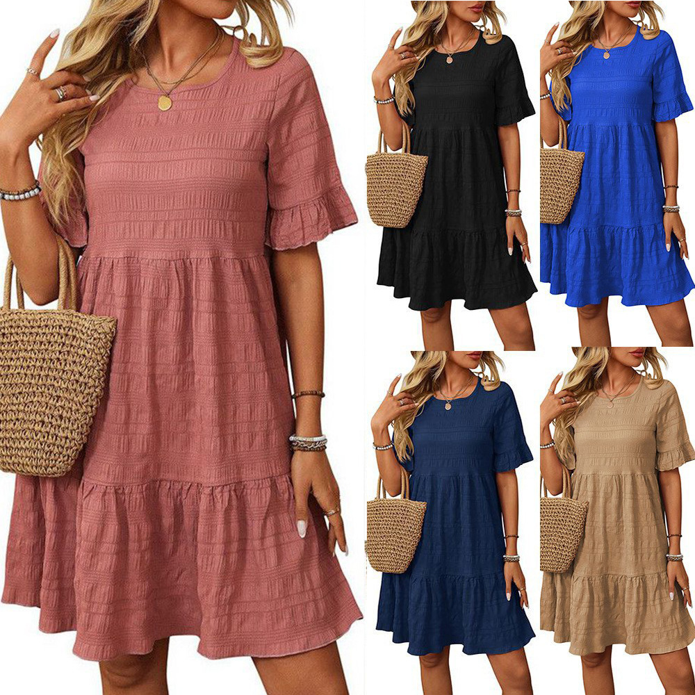 Women's Plaid A-Line Dress with Ruffle Sleeves and Round Neck