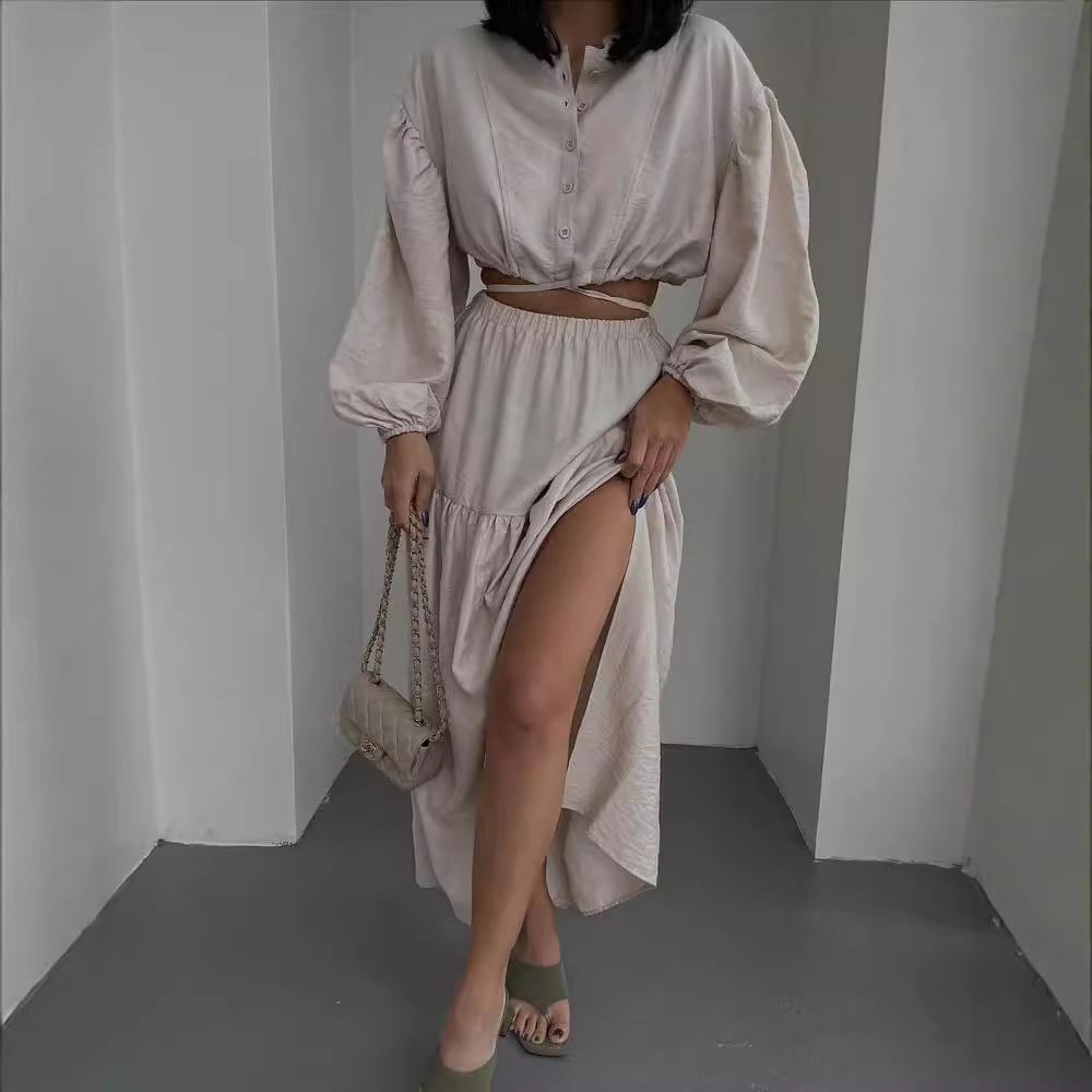Tie-Front Long-Sleeve Top and Pleated Slit Midi Skirt Set