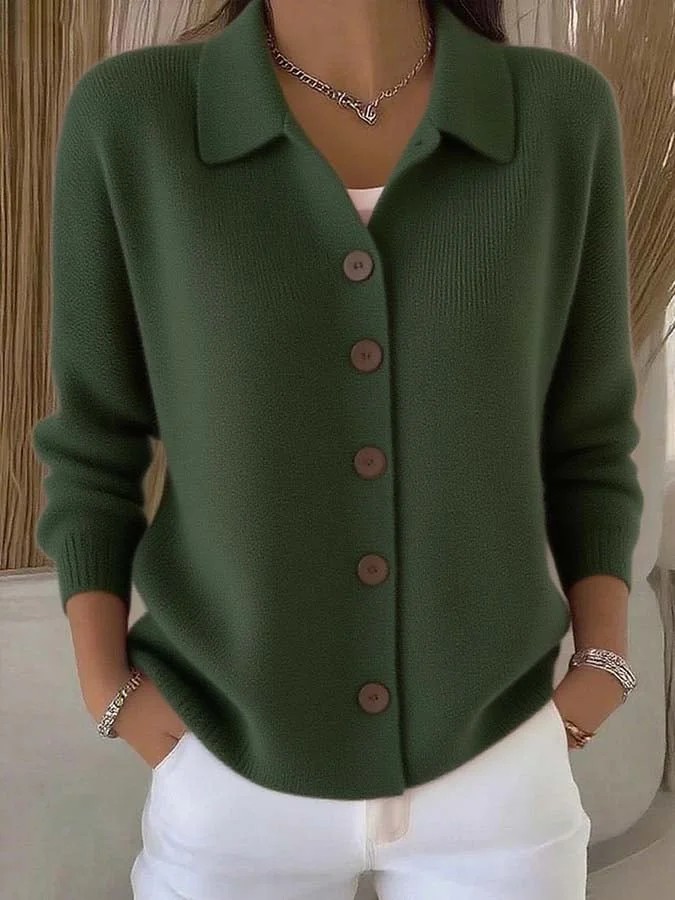 Button-Front Knit Cardigan Sweater with Collar, Solid Color Casual Women's Outerwear