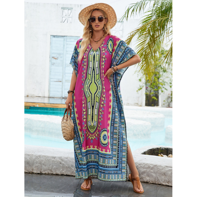 Printed Long Sleeve V-Neck Beach Cover-Up Dress