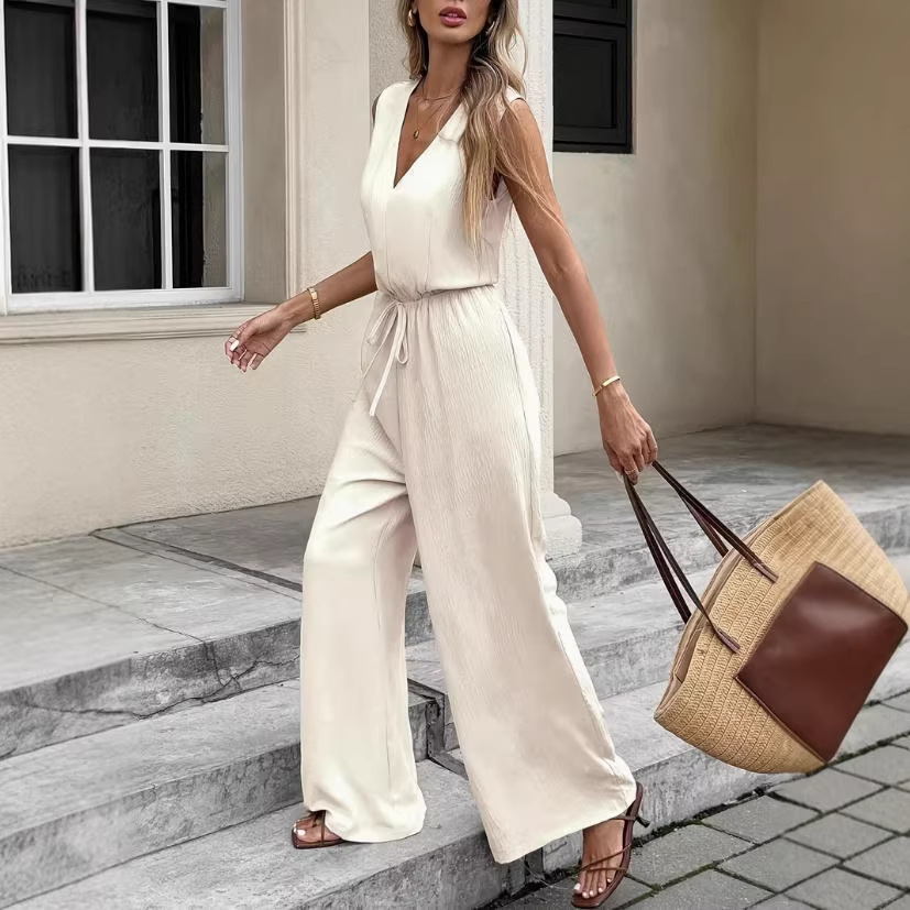 Women's V-Neck Sleeveless Tie-Waist Long Pants Casual Set